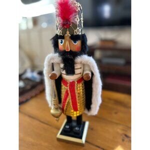 Vintage Wooden Nutcracker King With Gold & Red Outfit Black Fur Cape & Detailed